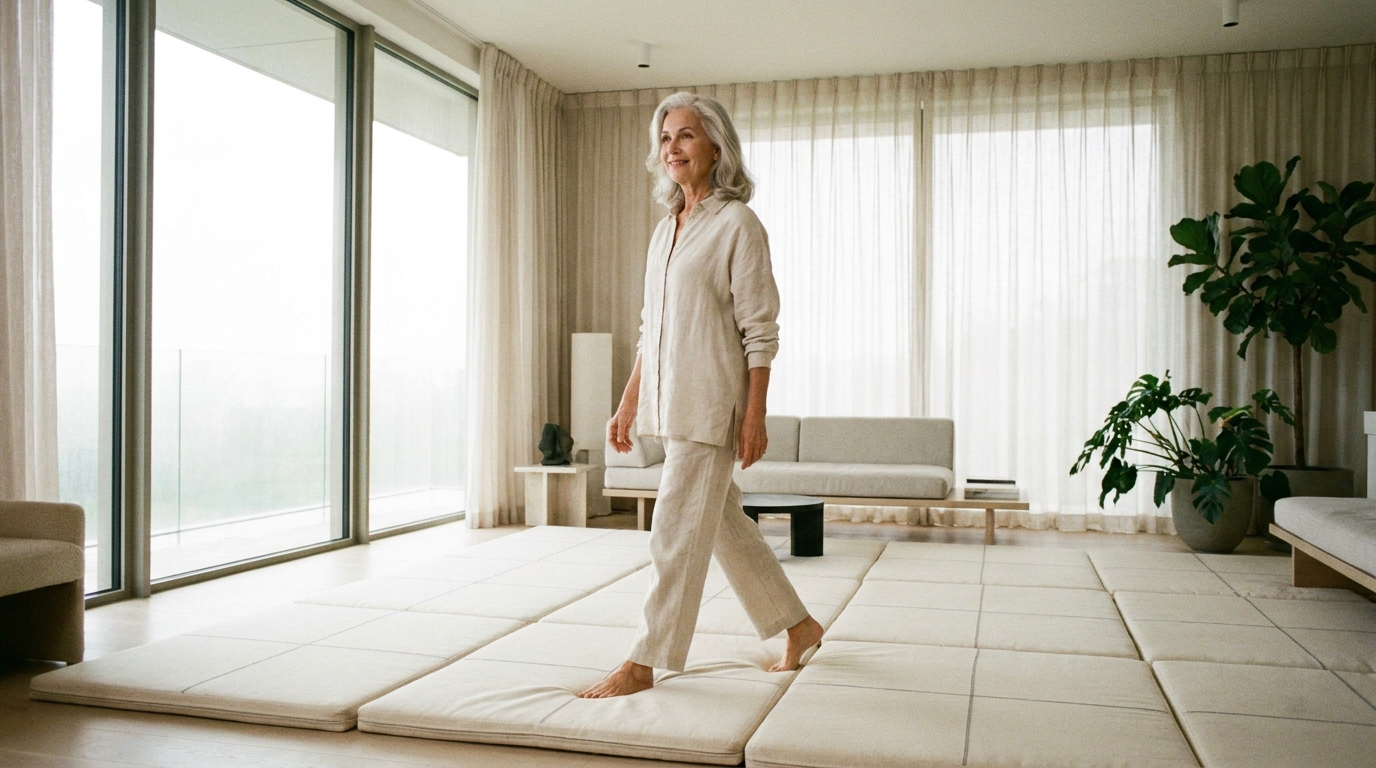 An accessible elegant room with a cane and a Matnificent even safety floor
