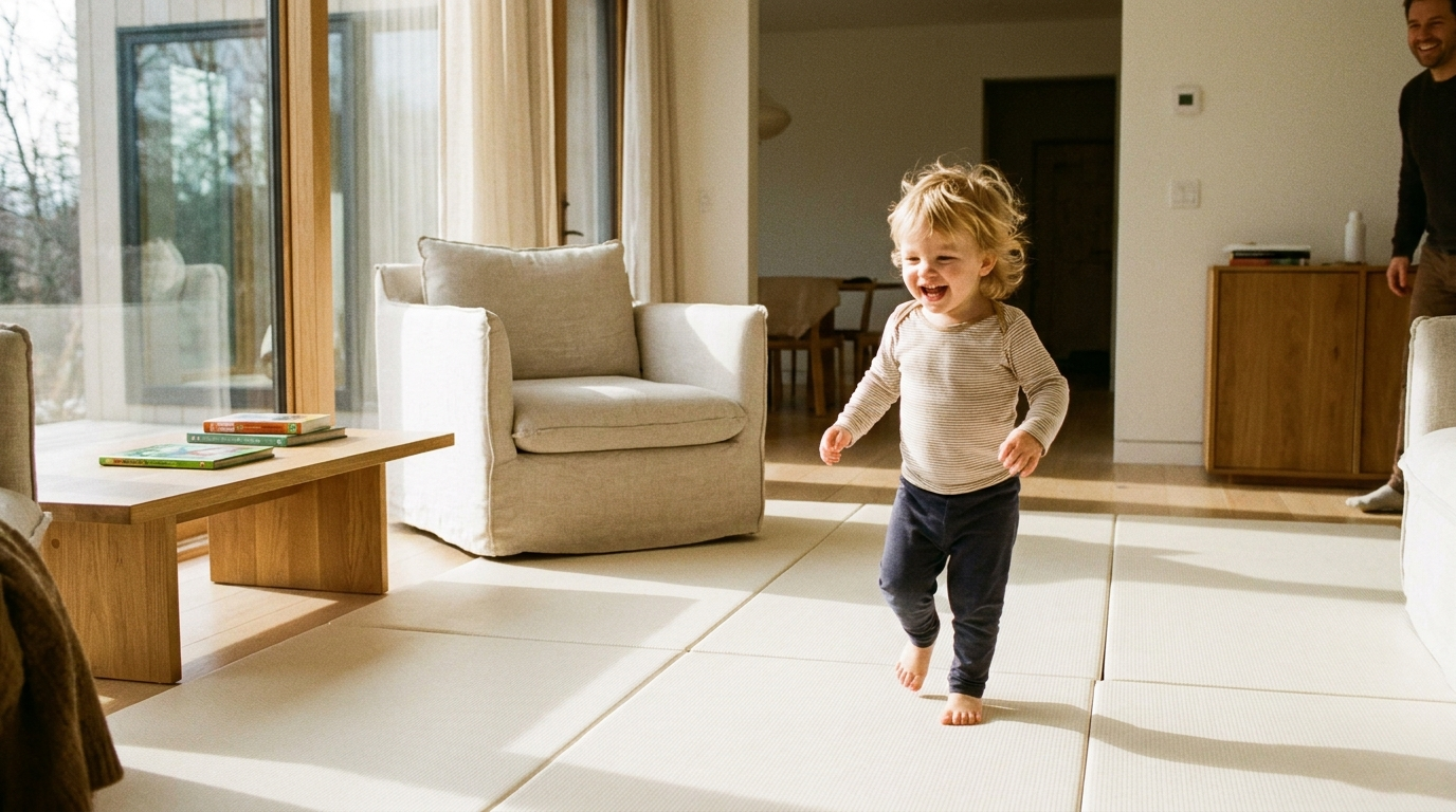 A bright family room with a soft play area and wooden toys on a Matnificent floor