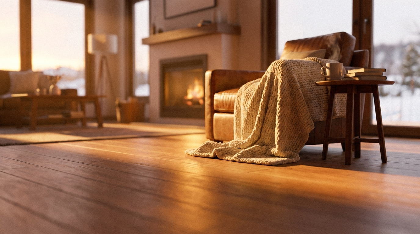 A cozy warm room with a Matnificent radiant heated floor at golden hour