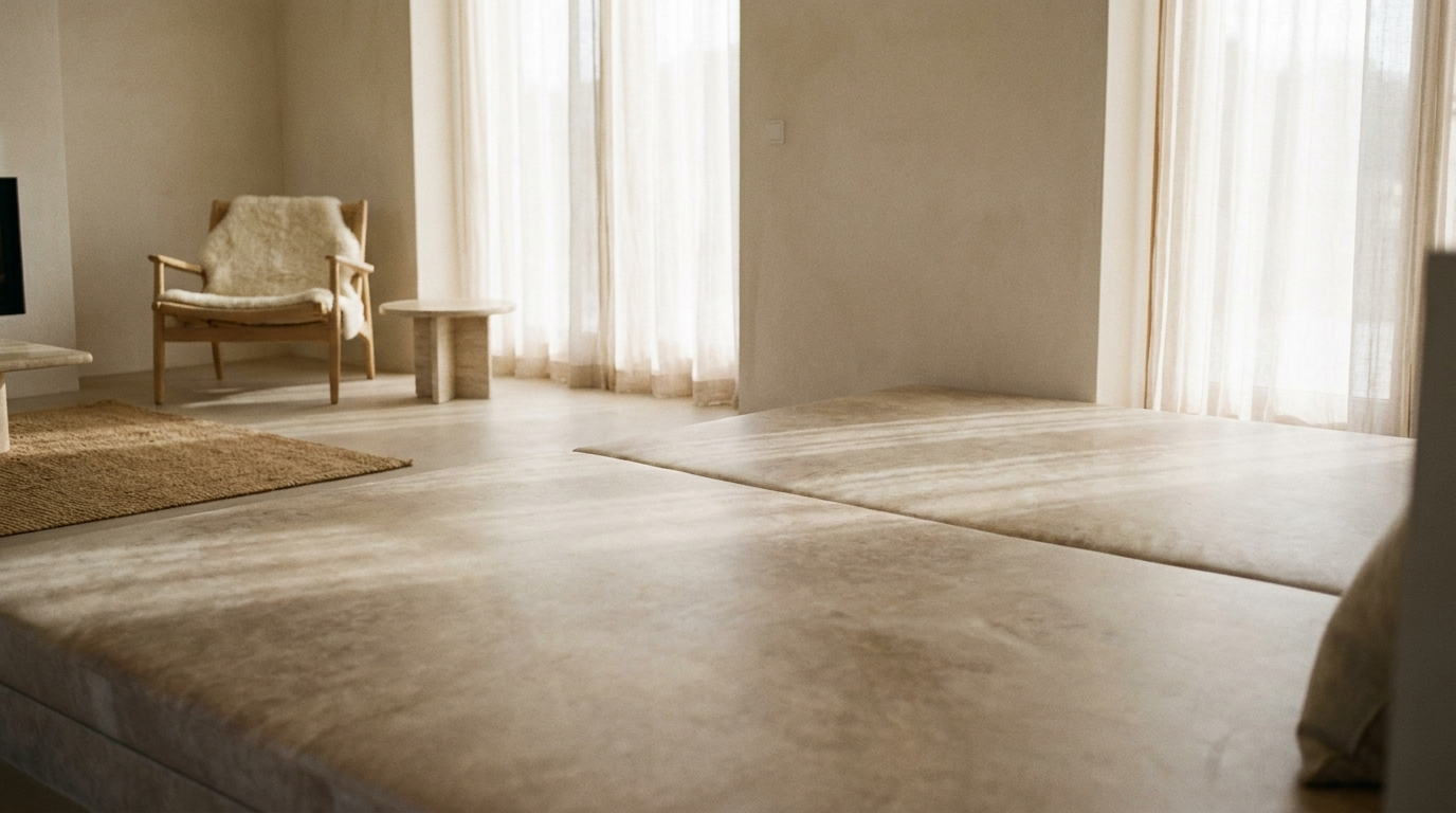A calm sunlit room with a seamless Matnificent wellness floor