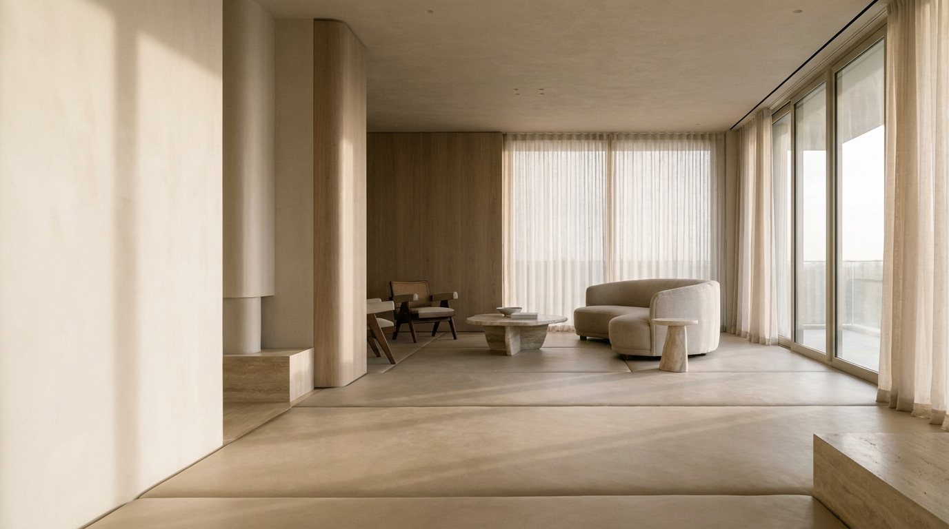 An airy sunlit living room with a seamless Matnificent wellness floor