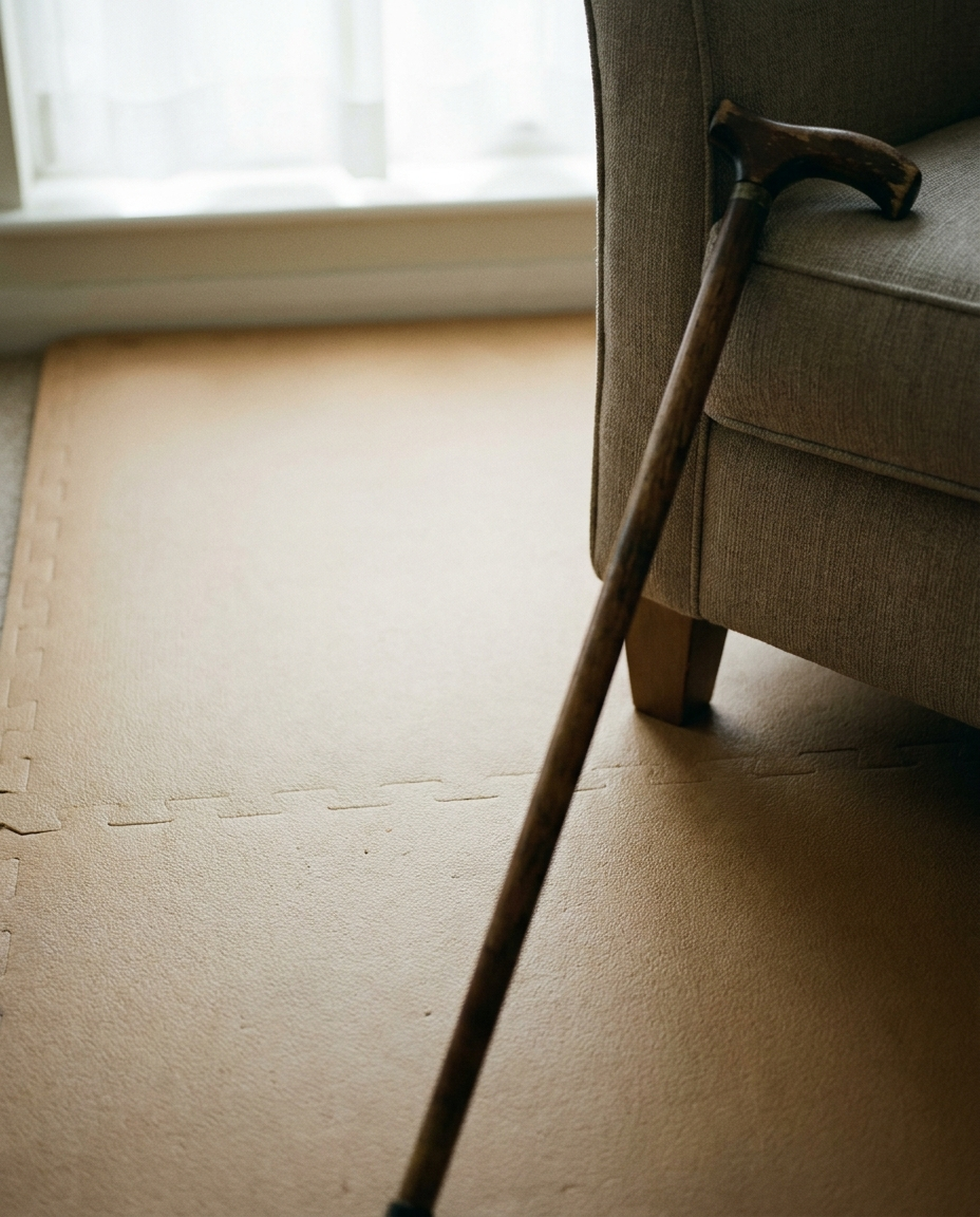 A smooth even cushioned floor with a wooden cane resting against a chair