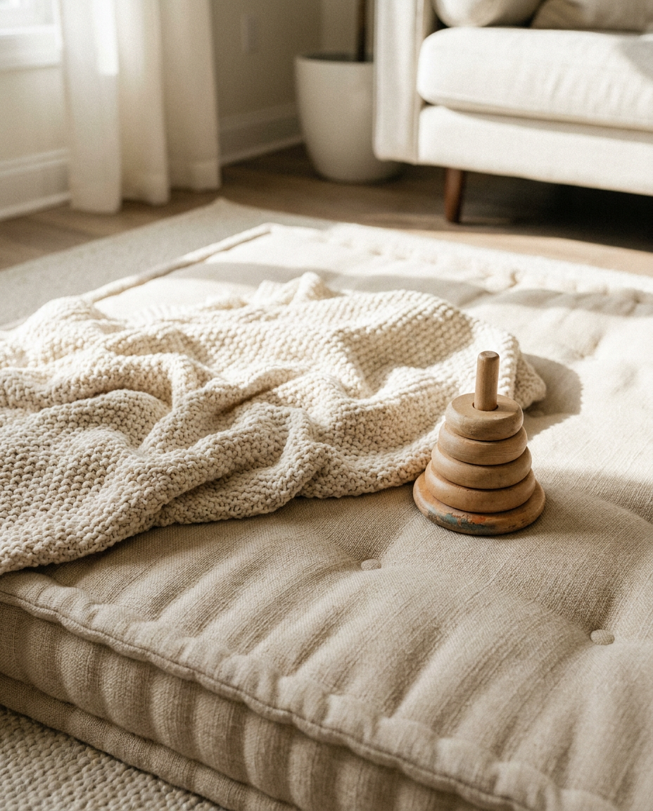 A soft cushioned family floor with a wooden toy and a knitted blanket