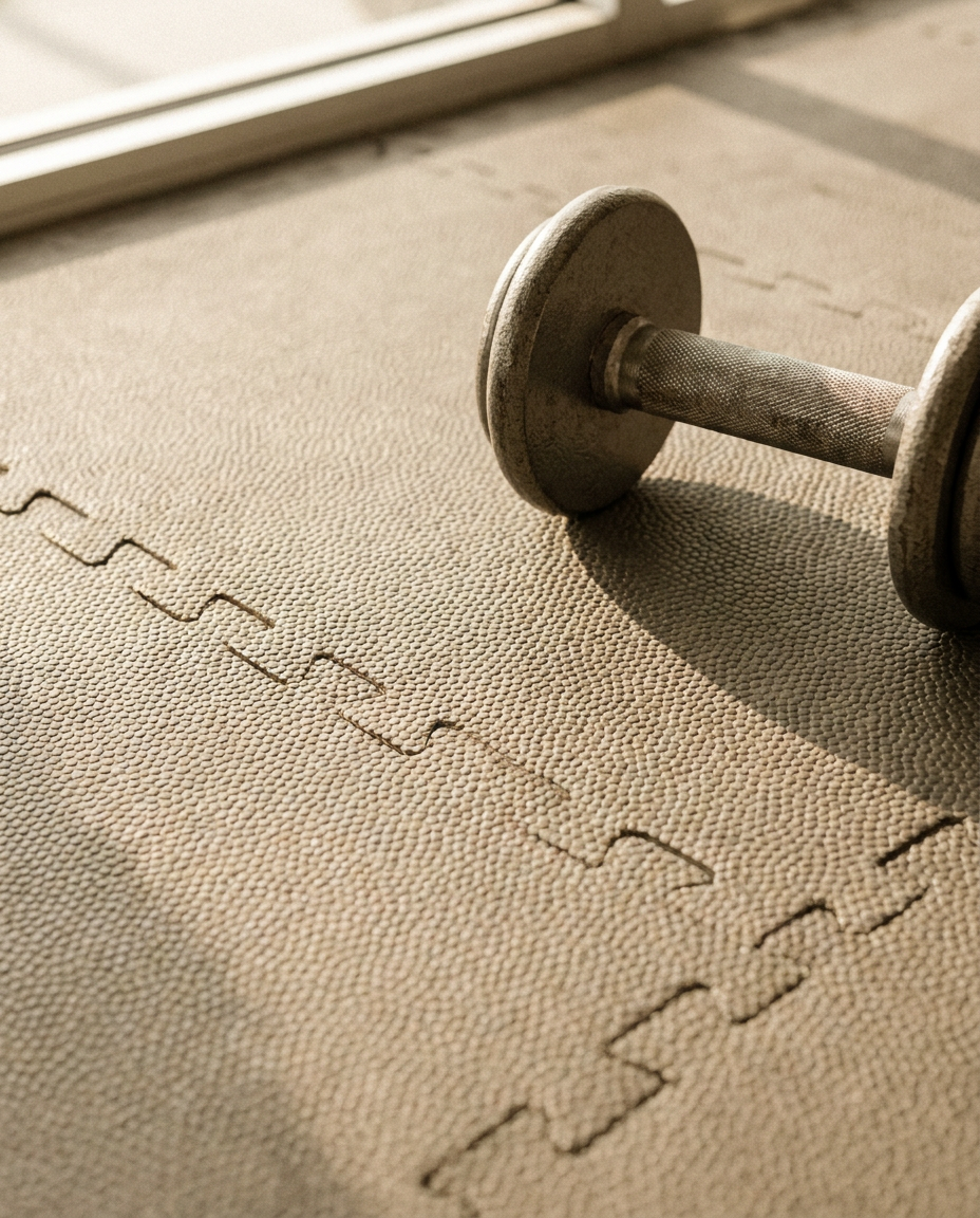 Close-up of a dense cushioned gym floor with a dumbbell resting on it