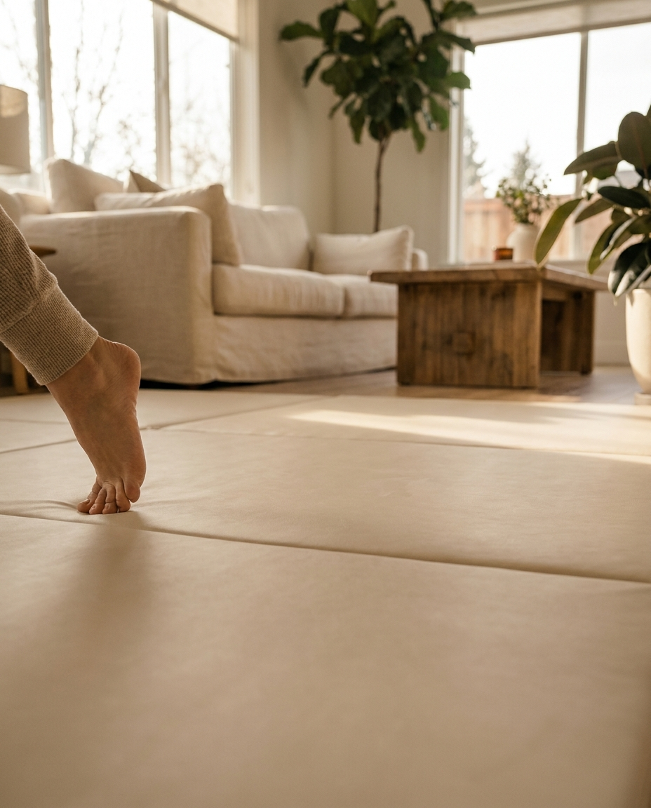 A bare foot mid-step pressing into a soft cushioned Matnificent safety floor in a warm home