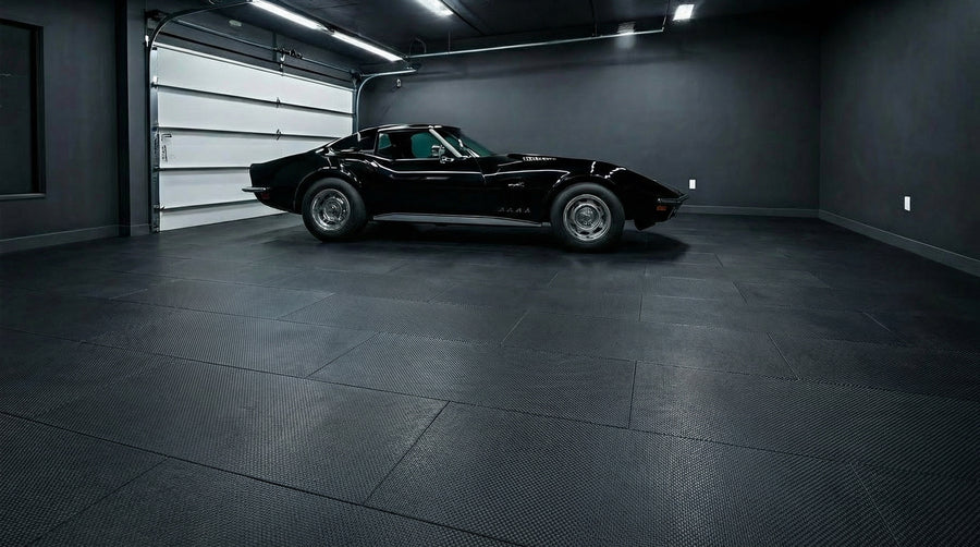 A luxury garage with a premium Matnificent floor and a parked sports car